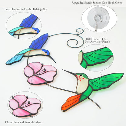 Hummingbird Stained Glass Window Hanging, Handmade Humming Bird with Flower Suncatcher, Sun Catcher Indoor Decor, Home Window Art, Decoration, Gift for Women Mom Bird Lover, 10"(W)X8"(H), Hanger Given