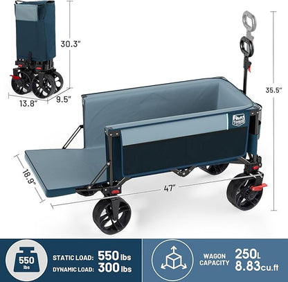 Timber Ridge 47" L Collapsible Wagon with Tailgate & Brake, 300lbs Heavy Duty Beach Wagon with All-Terrain Big Wheels, 250L Foldable Utility Cart for Sand Camping Sports Shopping, Blue
