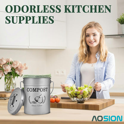 AOSION Countertop Compost Bin Kitchen,Odor Resistant Indoor Compost Bin with Lid and Compost Bags,Compost Bucket Composter Container for Food Waste,Grey