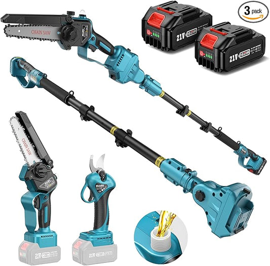 SEESII 4-in-1 Pole Saw & Pruning Shears Combo Kit, 6 Inch Mini Chainsaw for Tree Trimming, Battery Powered Chain Saw with Extension Pole, Limb Branch Cutter Pruner with 2 x 4000mAh Batteries