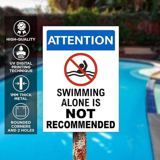 Swimming Alone is Not Recommended Metal Pool Signs Outdoor - Retro Tin Decor for Pool Owners & Safety-Conscious Swimmers