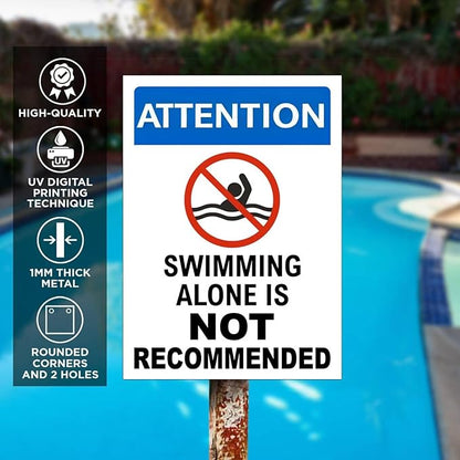 Swimming Alone is Not Recommended Metal Pool Signs Outdoor - Retro Tin Decor for Pool Owners & Safety-Conscious Swimmers