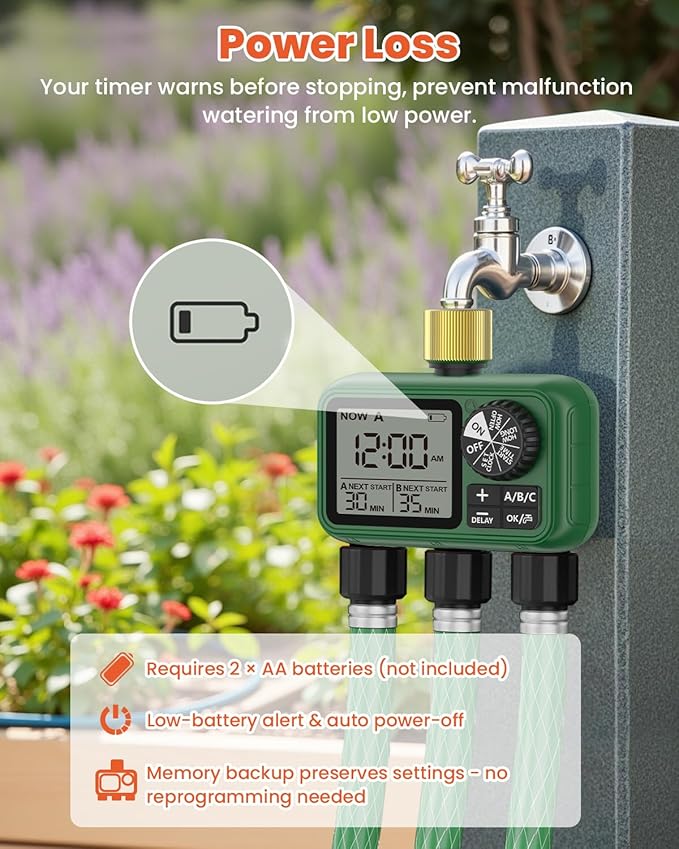 3 Outlet Sprinkler Timer Brass, XinFuture Programmable Water Sprinkler Controller for Yard, Lawn & Greenhouse, Automatic/Manual/Rain Delay Mode, Compatible with Drip Irrigation Systems