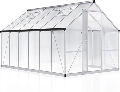 Greenhouse - 8x12 FT Quick Setup Polycarbonate with Roof Vent, Aluminum Large Walk-in for Outside Garden Backyard, Sliver