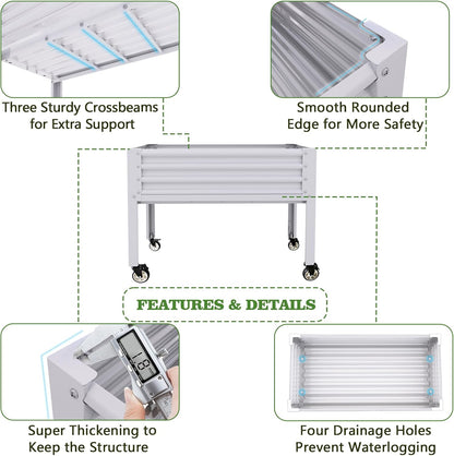 A ANLEOLIFE Galvanized Raised Garden Bed with Legs,48x24x35in Large Elevated Planter Box on Wheels with Drainage Holes for Backyard, Balcony, Patio, 600lb Capacity, Antique White