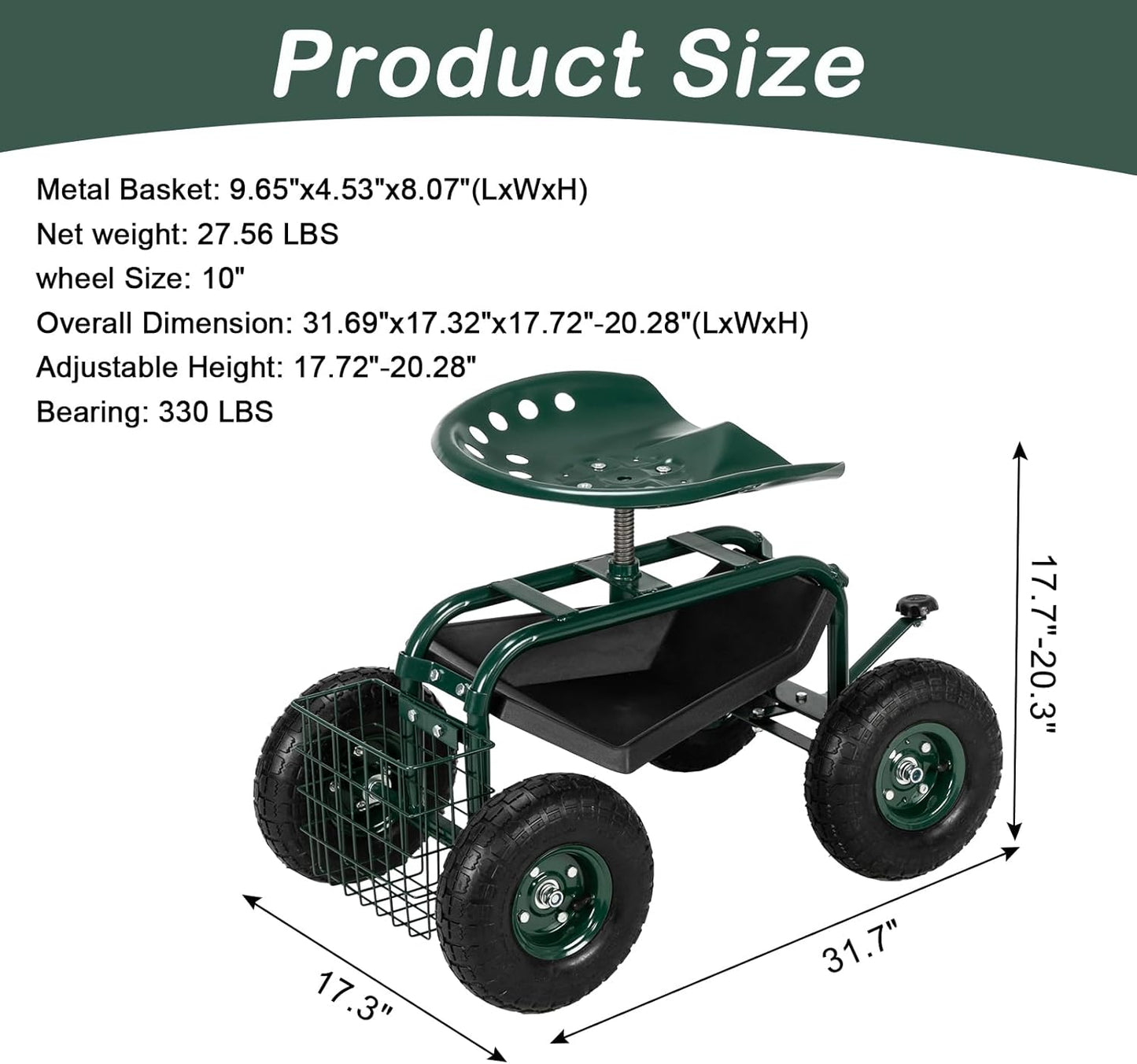 Outvita Garden Cart Gardening Workseat w/Wheels, Rolling Work Seat with Adjustable 360 Degree Swivel Seat, Basket and Tool Tray, Patio Wagon Scooter for Lawn Yard Outdoor Planting（Green）