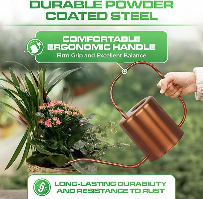 Plexon Rose Gold Metal Watering Can Indoor Plants, 54 oz Stainless Steel Long Spout Watering Can Outdoor House Plant Flower, Garden