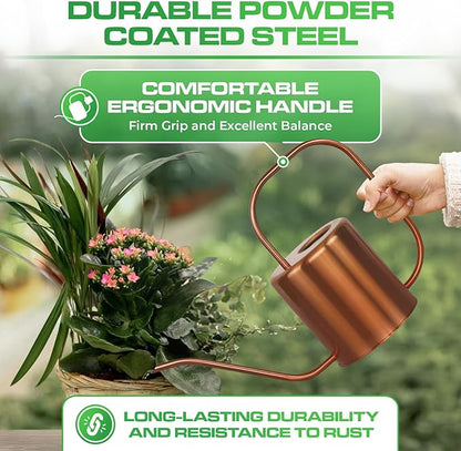 Plexon Rose Gold Metal Watering Can Indoor Plants, 54 oz Stainless Steel Long Spout Watering Can Outdoor House Plant Flower, Garden