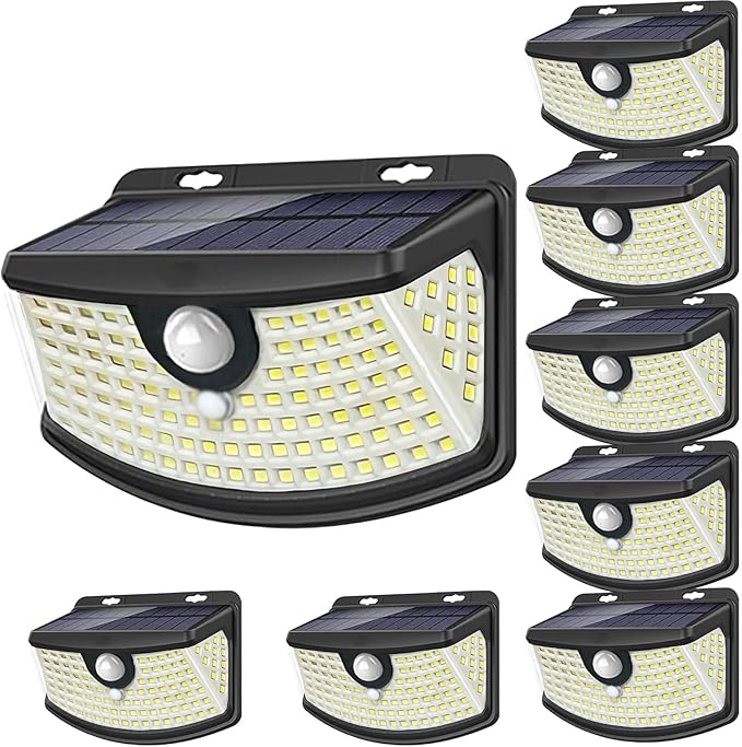 Aootek New Solar Motion Sensor Lights 120 LEDs with Light Reflector,270° Wide Angle, IP65 Waterproof, Step Lights for Front Door, Yard, Garage, Deck (Front Button 8-Pack)