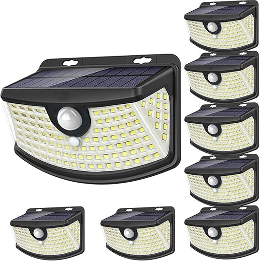 Aootek New Solar Motion Sensor Lights 120 LEDs with Light Reflector,270° Wide Angle, IP65 Waterproof, Step Lights for Front Door, Yard, Garage, Deck (Front Button 8-Pack)