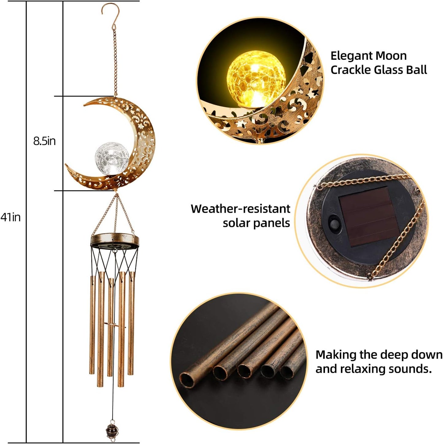 Solar Wind Chimes, Sun Wind Chime Outdoor Clearance w/Glowing Crackle Glass LED Unique Wind Bells for Outside Waterproof Chimes, Gifts for Her/Him (42" Long Metal Chimes)…