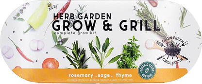 BUZZY Seeds Rosemary, Dill, and Thyme Grow & Grill Herb Kit, Indoor Seed Starter with Decorative Hammered Metal Windowsill Planter and Growing Medium - Easy Gardening Gift for Cooks & Beginners