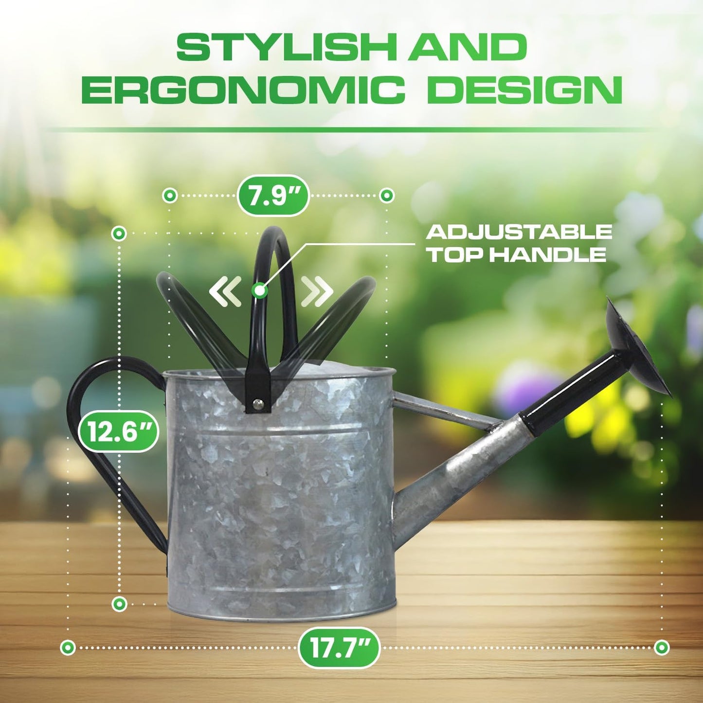 Plexon 1 Gallon Metal Watering Can Outdoor, Flower Plant Gardening Garden Large Galvanized Watering Can Pot Pitcher, Steel Black Handles and Removable Spray Spout