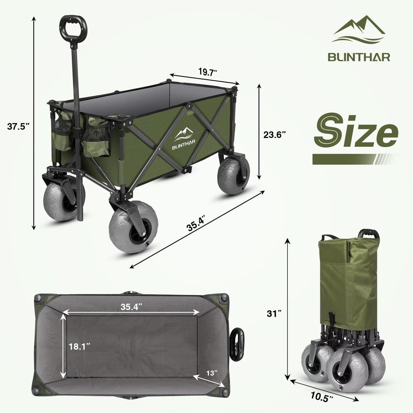 Beach Wagon with Big Wheels for Sand, Heavy Duty Harder Sand Collapsible Folding Wagon with All-Terrain 9" Pneumatic Ballon Tires, Utility Wagon for Garden Sports Camping Outdoor Activities