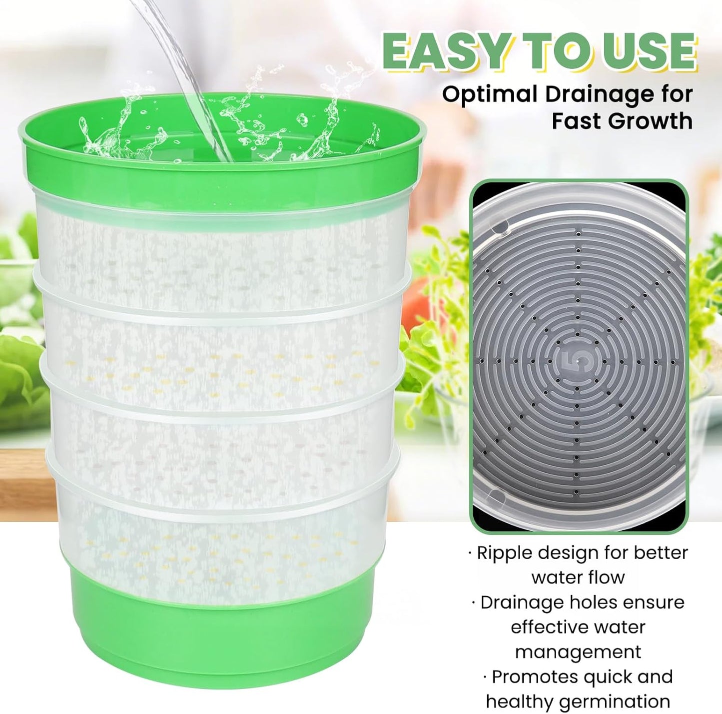 Seed Sprouting Kit - 4-Tier Stackable Seed Sprouter Trays with Drain Holes and Drain Tray, Micro Greens Growing Trays Kit, Soil-Free Sprouter Tray for Beans Alfalfa Seeds