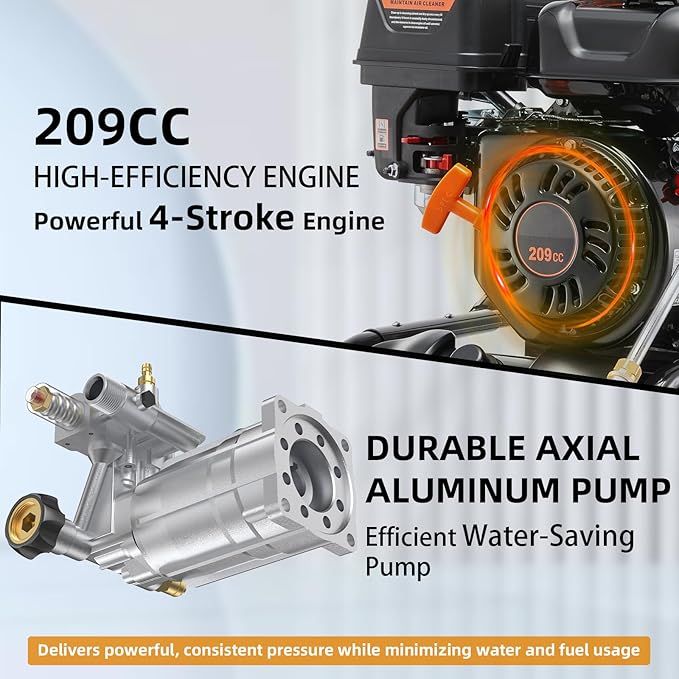 Gas Pressure Washer 3500PSI, 209CC 2.3GPM Gas Power Washers with 25FT Hose, 4 Quick-Connect Nozzles, Soap Tank, Axial Pump, Commercial High Pressure Washers Gas Powered for Car Driveway Wall