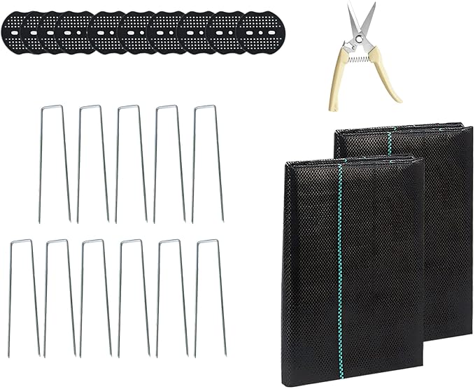 4 FTX100 FT Weed Barrier Fabric Heavy Duty, 4.23oz Landscape Fabric, with 60pcs U-Shaped Landscape Fabric Staples and 60pcsGarden Stakes Gaskets, 1 Shears