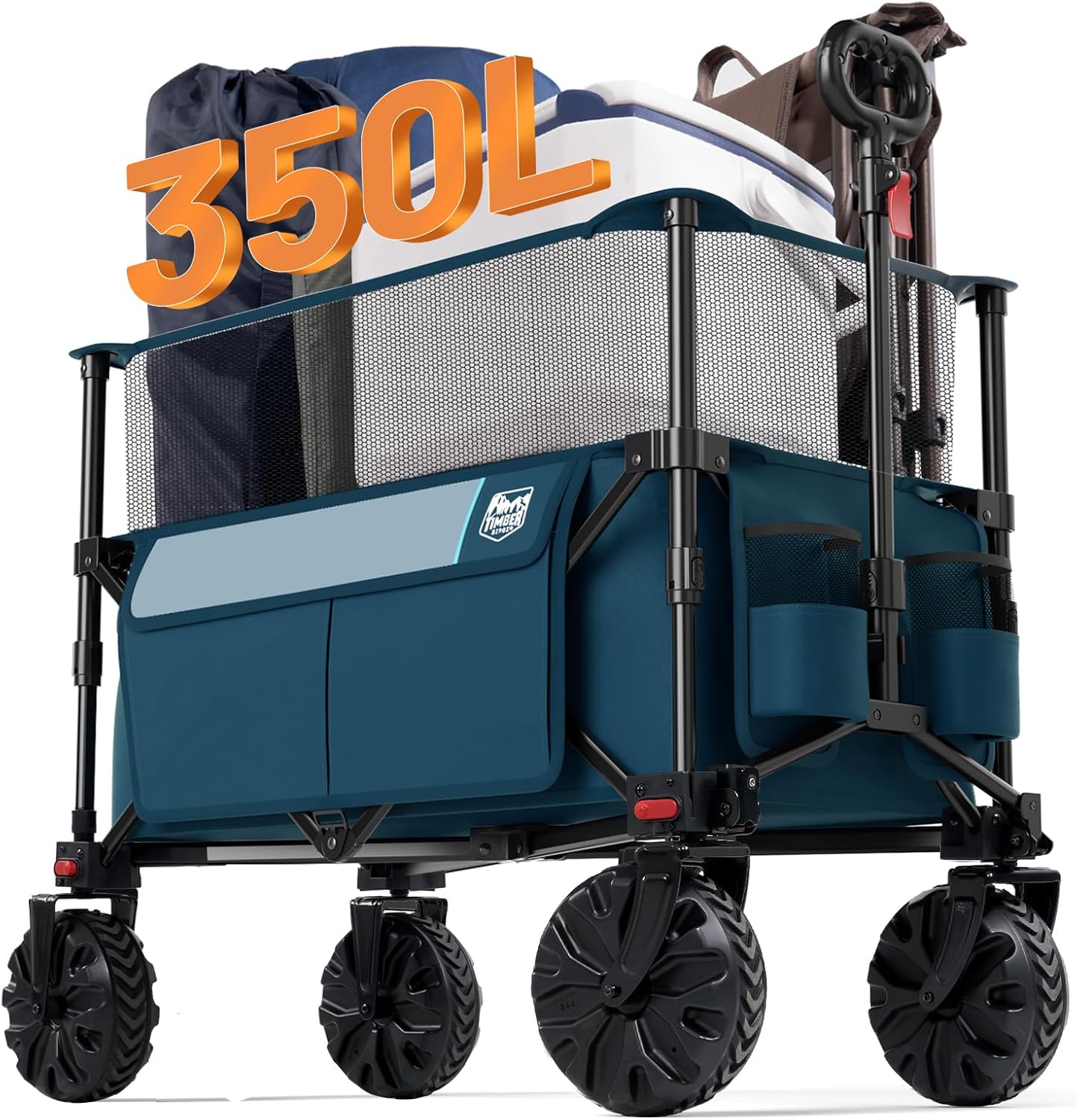 TIMBER RIDGE Foldable Wagon 350L Extendable Height, Large Capasity Collapsible Wagon Cart with All Terrians Detachable Wheels, Compact Folding Utility Wagon for Camping, Fishing, Shopping Navy