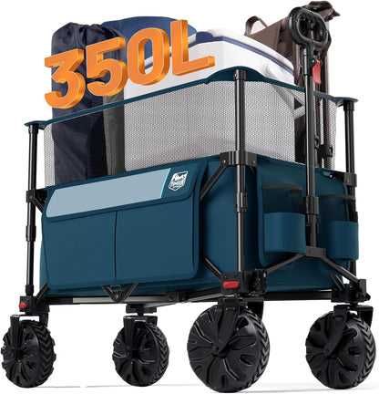 TIMBER RIDGE Foldable Wagon 350L Extendable Height, Large Capasity Collapsible Wagon Cart with All Terrians Detachable Wheels, Compact Folding Utility Wagon for Camping, Fishing, Shopping Navy