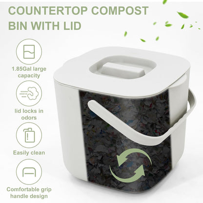Stylish Kitchen Compost Bin- 1.85 Gal/ 7L Countertop Compost Bin with Lid, Inner Sieve for Separating Liquid from Food, Easy to Clean (White, 1.85GAL)