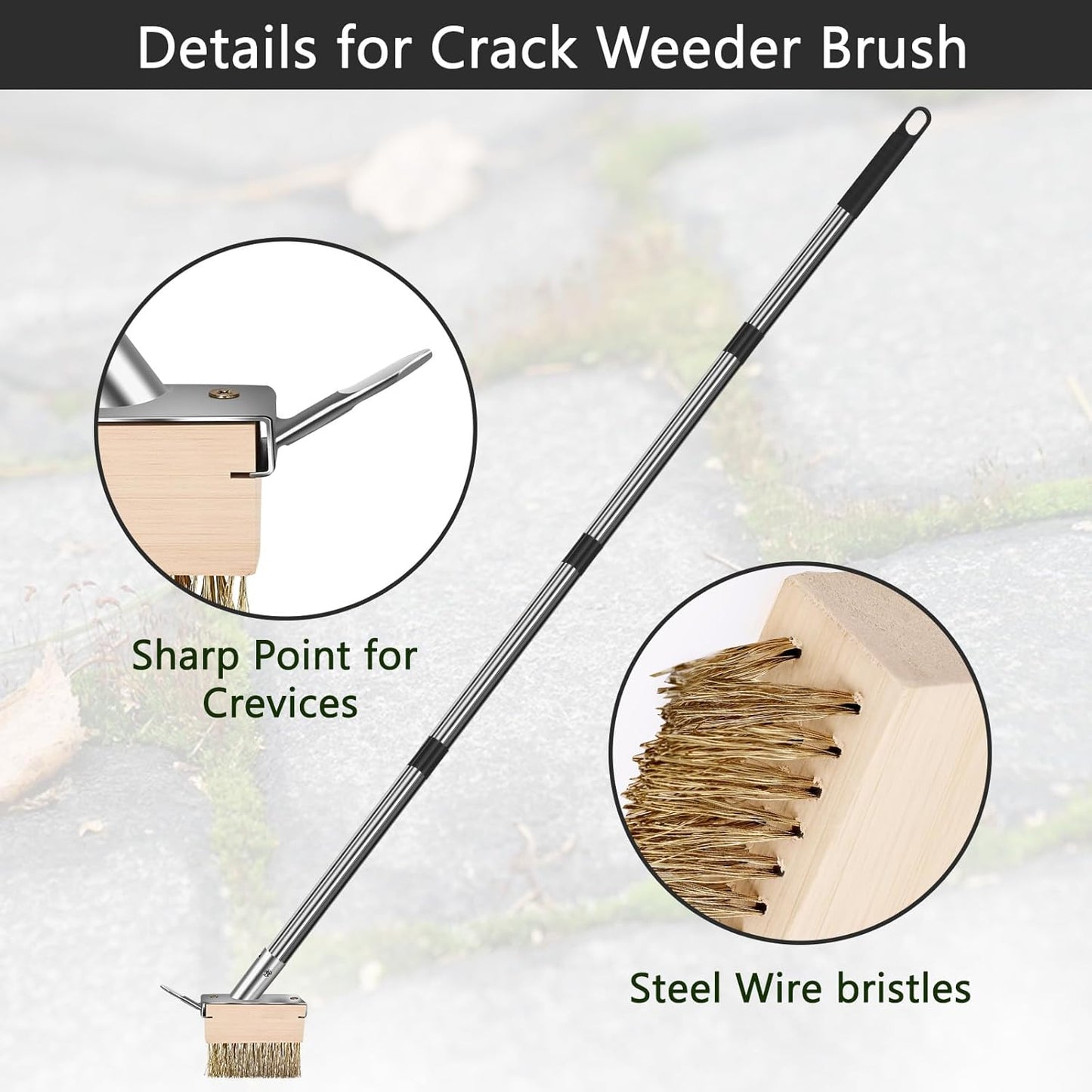 mcwdoit Crack Weeder Tool, Weed Puller Tool with 2 Heads&Scraping Hook, Paver Weeding Moss Remover Brush with Steel Handle for Cleaning Paving Joint Sidewalk Patio Stone Driveway Deck Black