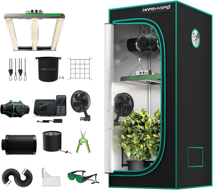 MARS HYDRO 3x3 Smart Grow Tent Kit Complete System with Smart Controller 43,150W FC-E1500 Dimmable Grow Light,32" x 32" x 63" 1680D High Reflective Mylar,4inch Automatic Ventilation Kit