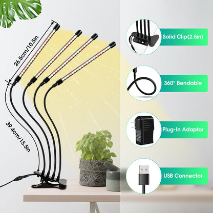 Wolezek Grow Lights for Indoor Plants, 80 LED 4 Heads Full Spectrum Grow Light with Clip, Plant Light with 5000K 3000K 660nm LED Chips, Auto Timer 6 12 16 Hrs, Grow Lamp for Seed Starting