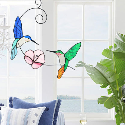 Hummingbird Stained Glass Window Hanging, Handmade Humming Bird with Flower Suncatcher, Sun Catcher Indoor Decor, Home Window Art, Decoration, Gift for Women Mom Bird Lover, 10"(W)X8"(H), Hanger Given