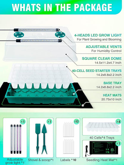 Seed Starter 4 Pack 160-Cell Tray with Grow Lights and Heat Mat,Seed Growing Tray, Germination & Plant Propagation Station for Indoor Plants