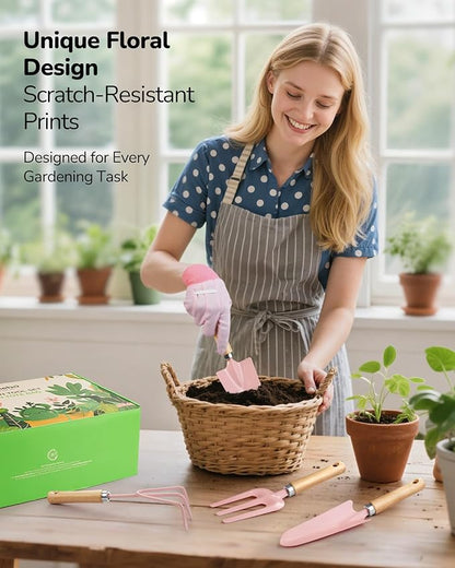 Gardening Tools, 10-Piece Gardening Gift Set for Women, Rust-Proof & Heavy-Duty Tools with Floral Organizer Bag, Fashionable & Thoughtful Gift for Garden Women (Pink Red)