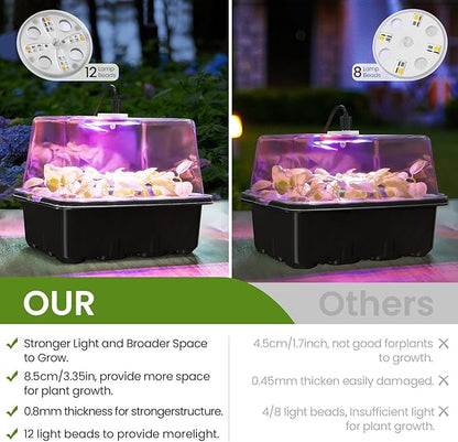 MIXC Seed Starter Kit with Grow Light, Elevated Seedling Tray Kit with Adjustable Humidity Dome and Clear Cell Tray, 12 Full Spectrum Led Beads for Seed Starting Greenhouse, 4 Pack, Black