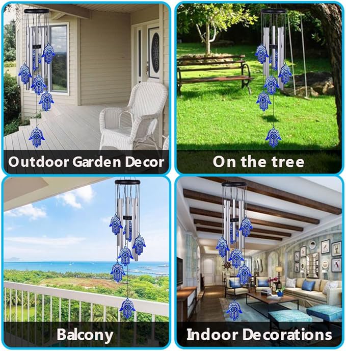 Blue Evil Eye Hamsa Hand Wind Chimes Outdoor Decoration, Hand of Fatima Windcatcher, Evil Eye Wind Bells, Hand of Fatima Blue Evil Eye Amulet Wind Chimes for Home, Gift for Mom, Balcony, Patio, Garden