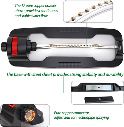 Lawn Sprinkler,Garden Oscillating Sprinkler,17 Brass Nozzles,Heavy Weight Thick and Sturdy Plastics Base with Metal Blocks,Up to 3600 Square Feet,Stable and Durable.