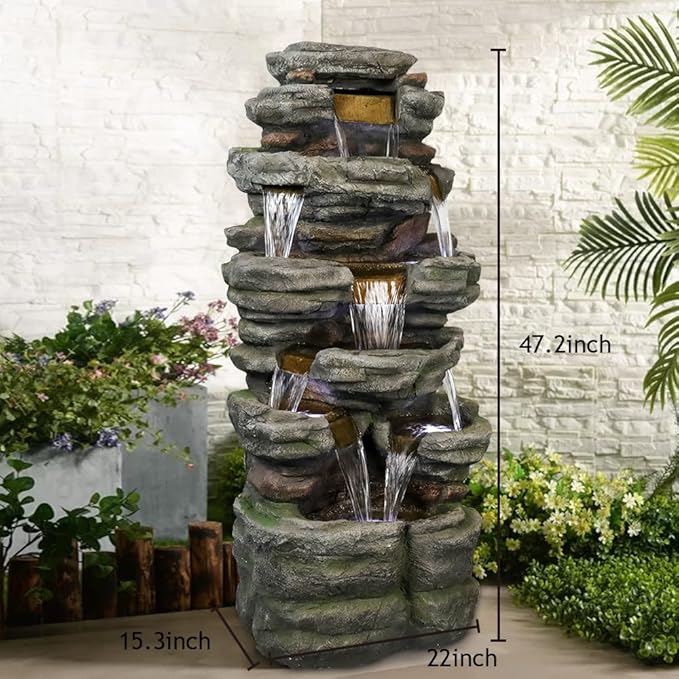 SunJet 47.2" High Cascading Rock Outdoor Water Fountain with LED Lights - Large Outdoor Resin Fountains and Waterfalls for Garden or Patio, Yard, and Deck Decor, Featuring Natural Stone Look