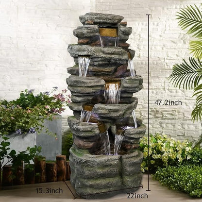 SunJet 47.2" High Cascading Rock Outdoor Water Fountain with LED Lights - Large Outdoor Resin Fountains and Waterfalls for Garden or Patio, Yard, and Deck Decor, Featuring Natural Stone Look