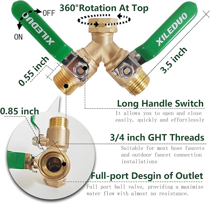 Garden Hose Splitter 2 Way,Brass Water Hose Splitter with Stainless Steel Long Handle,Outdoor Full Flow Hose Splitter Connector,Y Valve 3/4 Inch GHT Thread