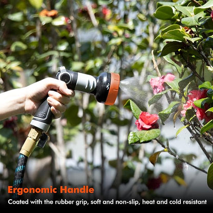 RESTMO 2-IN-1 Garden Hose Nozzle, Heavy Duty Metal Water Hose Nozzle with 4 Spray Patterns, Magic Twist and Thumb Flow Control, Ideal for Watering Plants & Lawns, Washing Cars & Pets, Orange