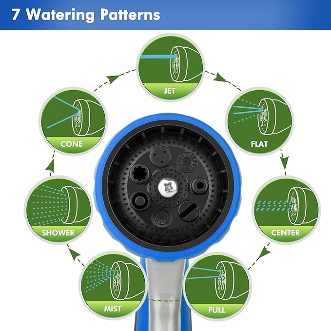 RESTMO Garden Hose Nozzle, Heavy Duty Metal Water Hose Nozzle with 7 Adjustable Spray Patterns, High Pressure Hand Sprayer with Flow Control, Best for Watering Plant & Lawn, Washing Car & Pet, Blue