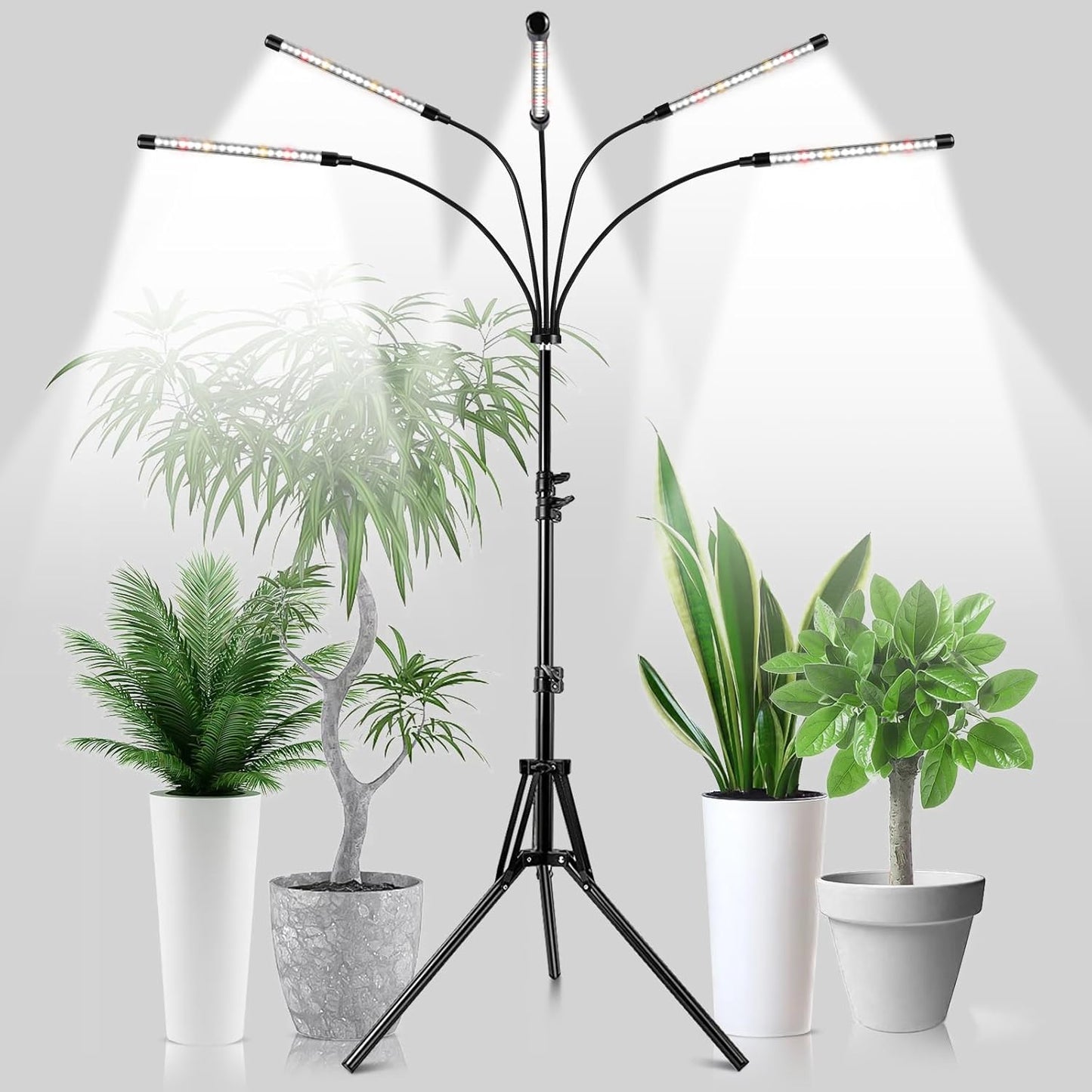 Garpsen Grow Lights for Indoor Plants, 5 Heads Full Spectrum Grow Light with Adjustable Tripod Stand, 100PCS LEDs Plant Light for Indoor Plants with 6/12/16H Timer and 3 Light Modes