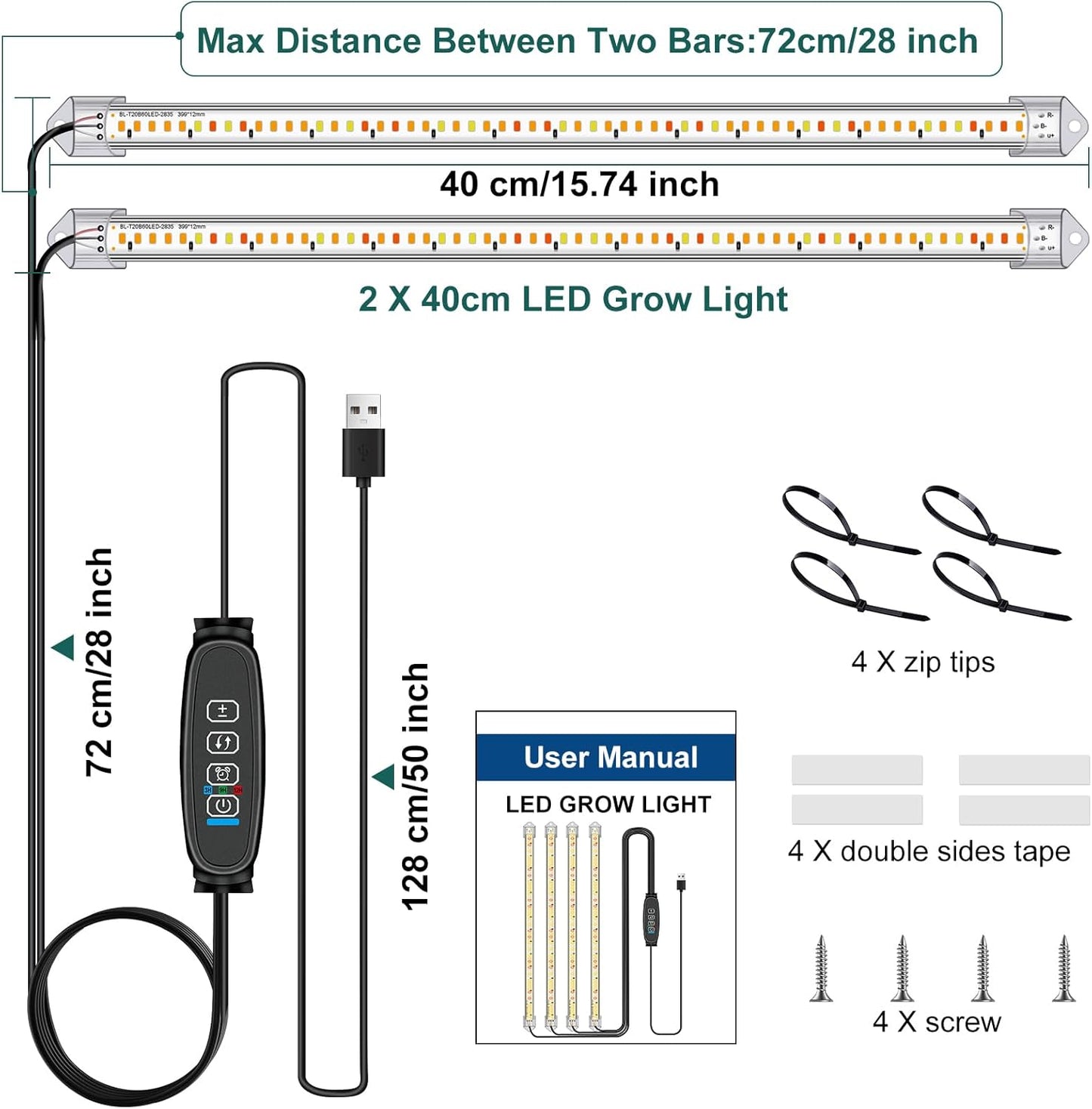 16" Plant Grow Light Strips, 120 LEDs Grow Lights for Indoor Plants Full Spectrum with 3/9/12H Timer & 10 Dimmable Levels, Sunlight Plant Growing lamp for Seeding 2 Heads(No Adapter)