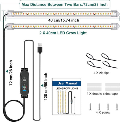 16" Plant Grow Light Strips, 120 LEDs Grow Lights for Indoor Plants Full Spectrum with 3/9/12H Timer & 10 Dimmable Levels, Sunlight Plant Growing lamp for Seeding 2 Heads(No Adapter)