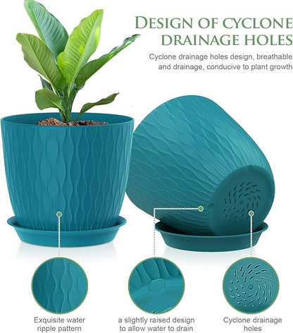 7 inch Flower Pots, 5 Pack Plant Pots with Drainage Holes and Saucers for Indoor Plants, Plastic Planters with Water Ripple for Small Garden House Plants, Nursery Pots for Succulent, Blue Green
