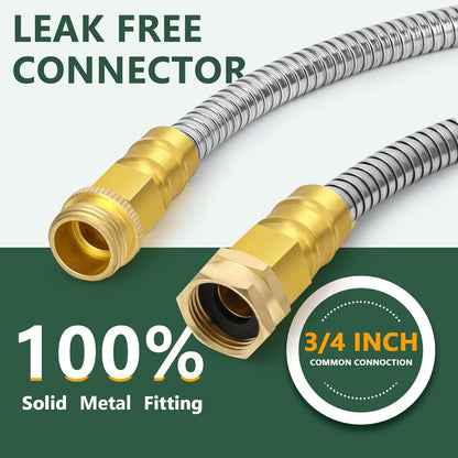 Metal Garden Hose 50 ft with 10 Function Sprayer Nozzle, Lightweight Stainless Steel Water Hose with 3/4" Solid Fittings, Flexible Kink Free Leak Proof for Yard, Patio, Outdoor & Car washing