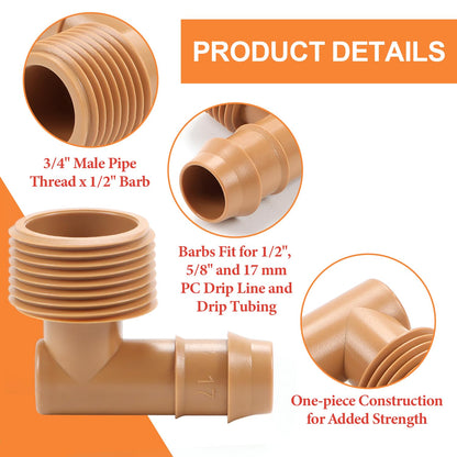 12 Pieces 3/4 Inch PVC to 1/2 Inch Drip Irrigation Adapter Fittings, 3/4" Male Pipe Thread(MPT) x 1/2" Drip Line Barbed Elbow Connectors 3/4-in PVC to 1/2-in Poly Tubing Adapter