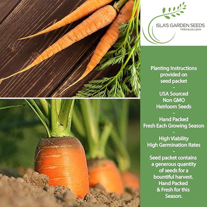 Imperator 58 Carrot Seeds (Daucus carota) – 500+ Non-GMO & Heirloom Seeds, Long and Sweet Carrots for Juicing, Fresh Eating, and Cooking, by Isla’s Garden Seeds, Great Gardening Gift