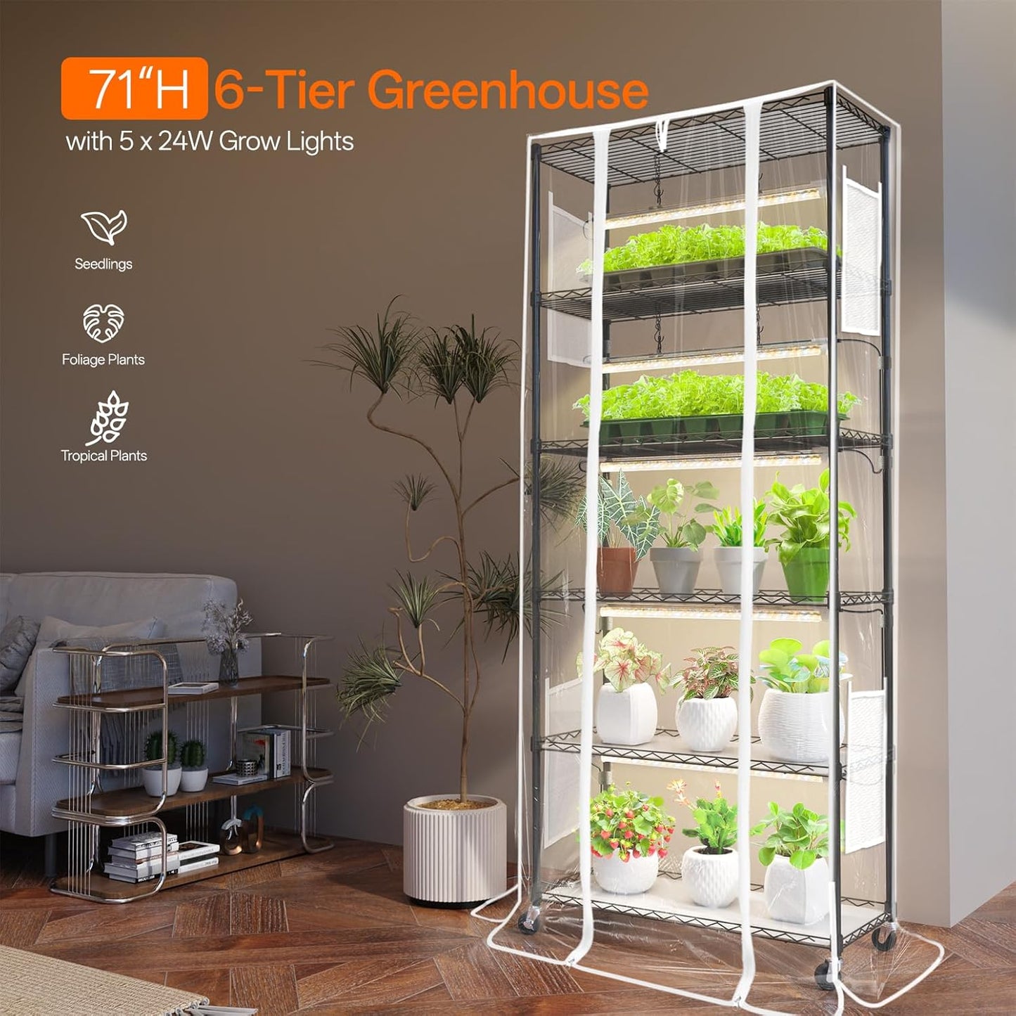 Bstrip Indoor Greenhouse with Grow Light, Mini Green house with 5 Pack T8 Full Spectrum Plant Lights, Plant Shelf with Tent for Indoor Plant, Seed Starting, Seed Tray, 29.5"x13.8"x71"