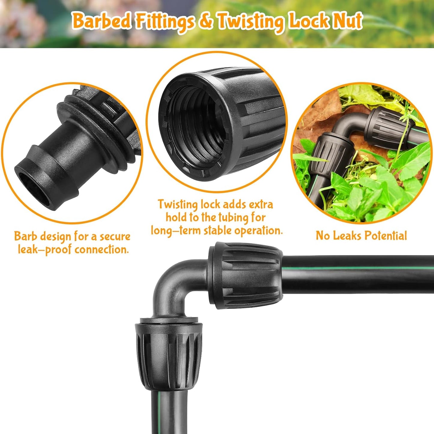 Drip Irrigation Fittings Kit for 1/2 Inch Tubing：1/2'' Drip Line Anti-drop Barbed Locked Nut Connectors 19 Pieces Set Include 3 Couplings 4 Tees 2 Elbows 2 Valves 5 Reducing Tee 3 Plugs