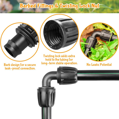Drip Irrigation Fittings Kit for 1/2 Inch Tubing：1/2'' Drip Line Anti-drop Barbed Locked Nut Connectors 19 Pieces Set Include 3 Couplings 4 Tees 2 Elbows 2 Valves 5 Reducing Tee 3 Plugs