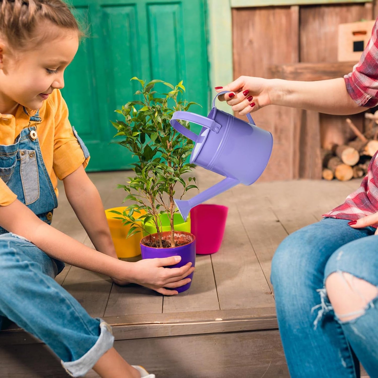 Small Metal Watering Can Set, Pink, 1.2L and 0.23L Garden Cans with Long Spout, Indoor Outdoor Plant Care (Purple)