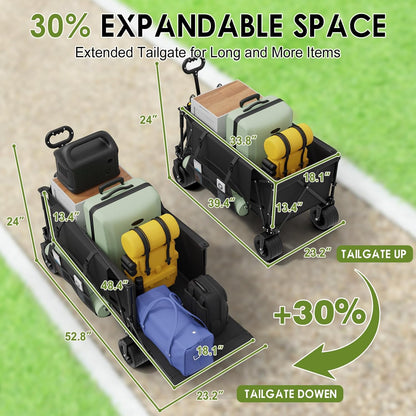 ZENPETIO 49" Collapsible Wagons Carts Foldable with Tailgate, 300L Heavy Duty Folding Wagon Cart with Big All-Terrain Beach Wheels, 360 LBS Capacity Portable Utility Wagon for Garden Outdoor Camping